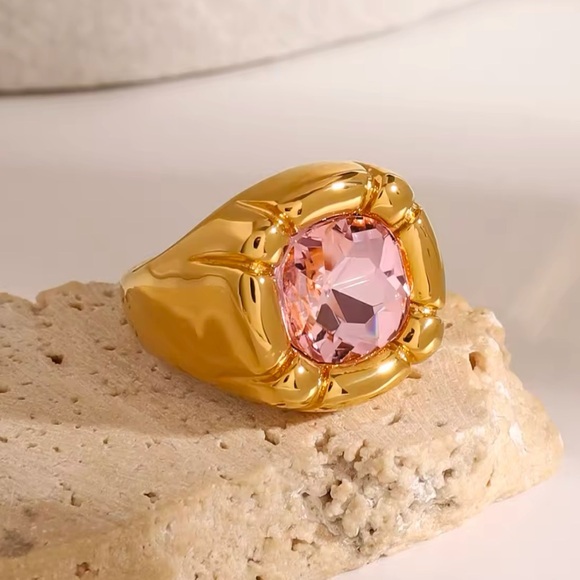 Anthropologie Pink 18K Gold Stainless Steel Waterproof Gemstone Ring - Picture 1 of 15